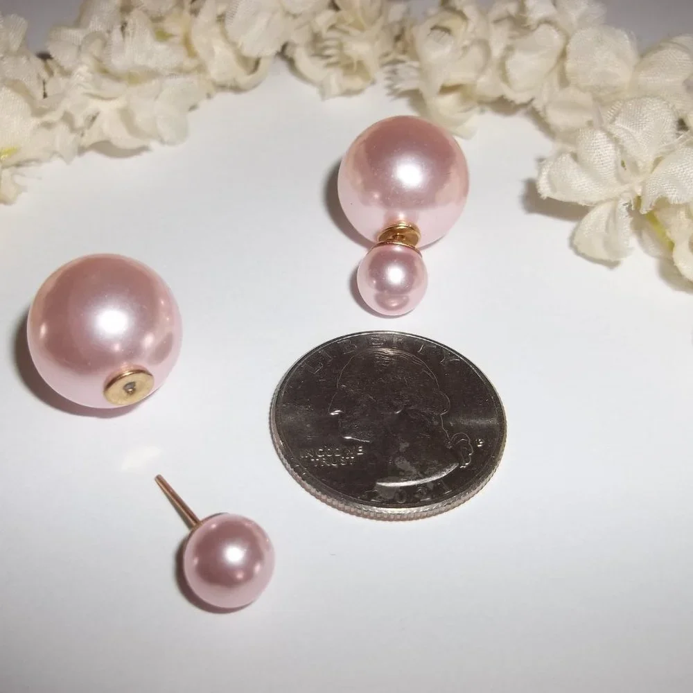 Double Sided Front and Back Earrings Pink Faux Pearl Gold Post Stud Pair C537 - Picture 3 of 6
